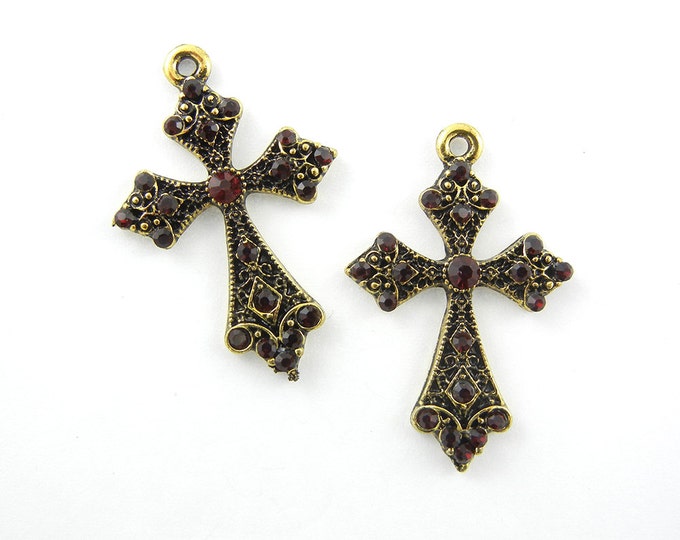 Pair of Burnished Gold-tone Dark Ruby Red Rhinestone Cross Charms