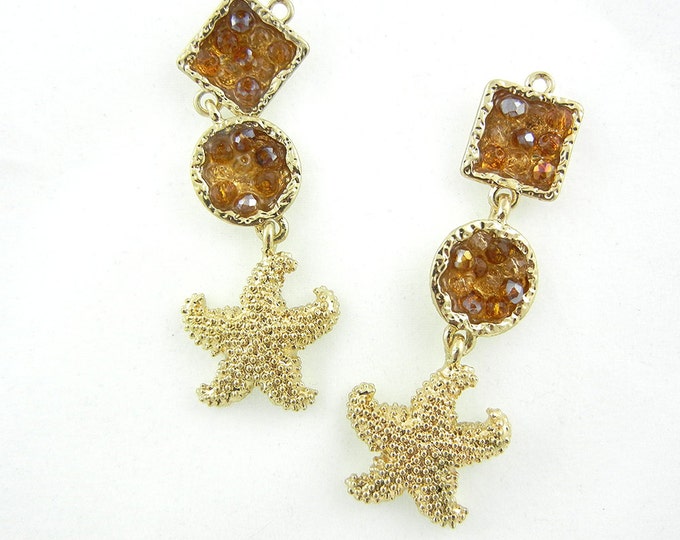 Pair of Gold-tone Starfish Drop Charms with Topaz Bead Embellishments