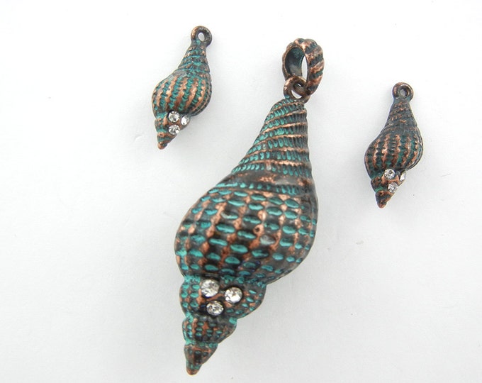 Set of Copper-tone Patina Dimensional Seashell Pendant and Charms Rhinestone Accents