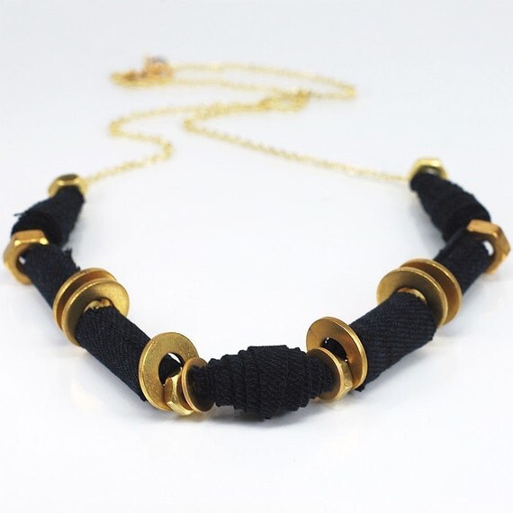 Black Denim Necklace- Upcycled Brass Hardware and Fabric Jewelry