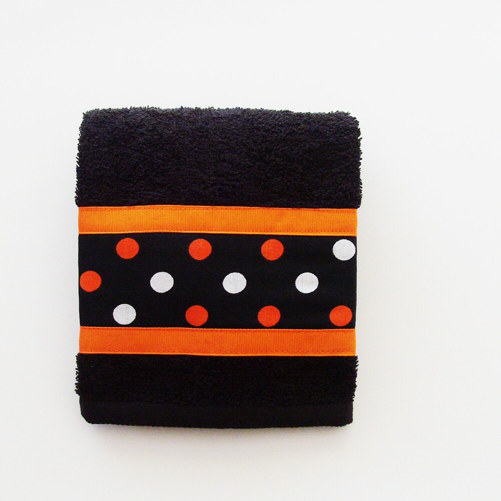 Black Orange & White Polka Dots Hand Towel / Black Terrycloth