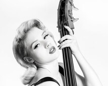 Black and White Portrait of Pinup Girl and Double Bass, String Bass, Swing, - il_214x170.677294176_to58