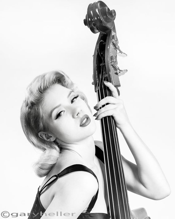 Black and White Portrait of Pinup Girl and Double Bass String
