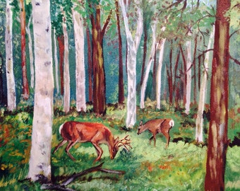 vintage painting - deer forest original acrylic painting