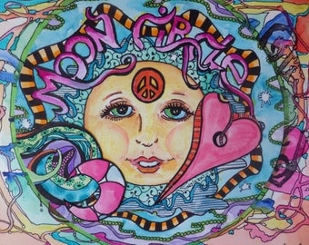 We Circled the Moon, Orginal Art, Singleton Hippie Art, Moon Circle, Drum circle Art, Peace love art, full moon art, astrology art,