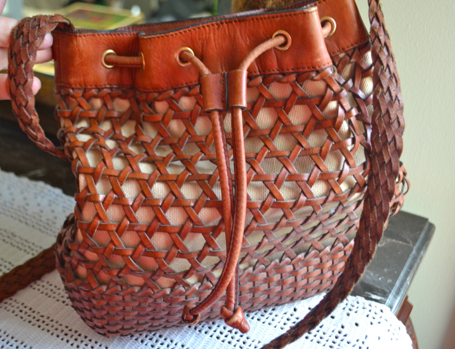 talbots woven leather handbag