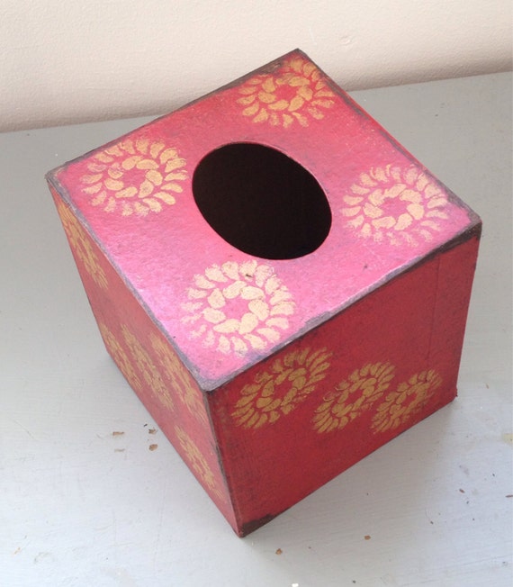 Paper Mache Primitive Folk Art Vintage Red Tissue Box