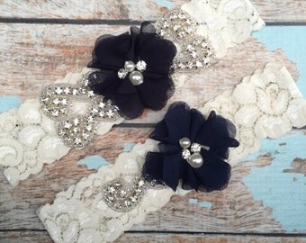 Navy Wedding garter / Lace garter SET / bridal garter / vintage lace garter / chiffon flower / toss garter / wedding garter