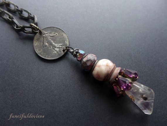 Acatalepsy. Rustic assemblage purple amethyst pendant necklace.