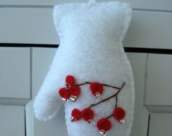 Red Winter Berries Iced Dew Embroidered Mitten Felt Ornament Gift Topper