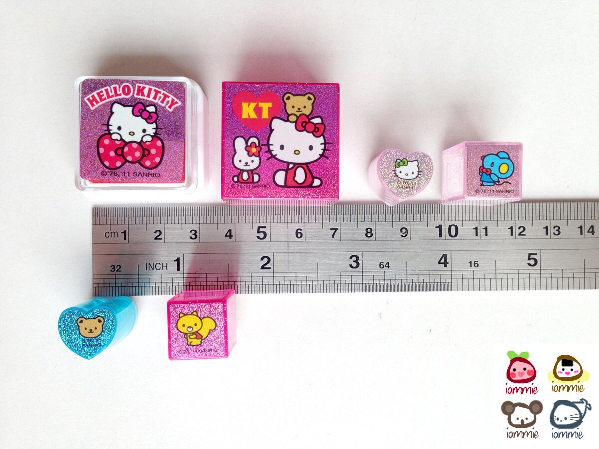 Hello Kitty Stamp Sanrio cat rubber stamp pink blue red by iammie