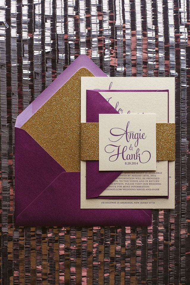 Metallic Purple and Gold Glitter Wedding Invitation SAMPLE (Bailey
