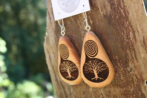 Wood Tree of Life Earrings with Spirals- in Juniper Wood  (MOD 19)- Wooden Jewelry, Boho Jewelry