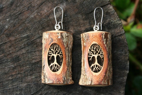 Wood Tree of Life Earrings- in Sassafras Wood- Wooden Jewelry, Boho Jewelry
