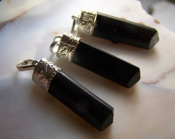 Black Tourmaline necklace pendant - focal bead - silver tone cap and bail - Black Tourmaline crystal pendant - chain or cord made to order