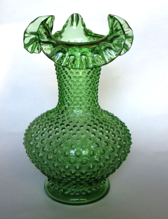 Fenton Glass Springtime Green Hobnail Large Ruffled Vase 6716