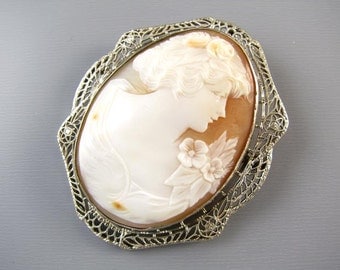 Vintage Art Deco 14K white gold filgree cameo brooch pin pendant necklace