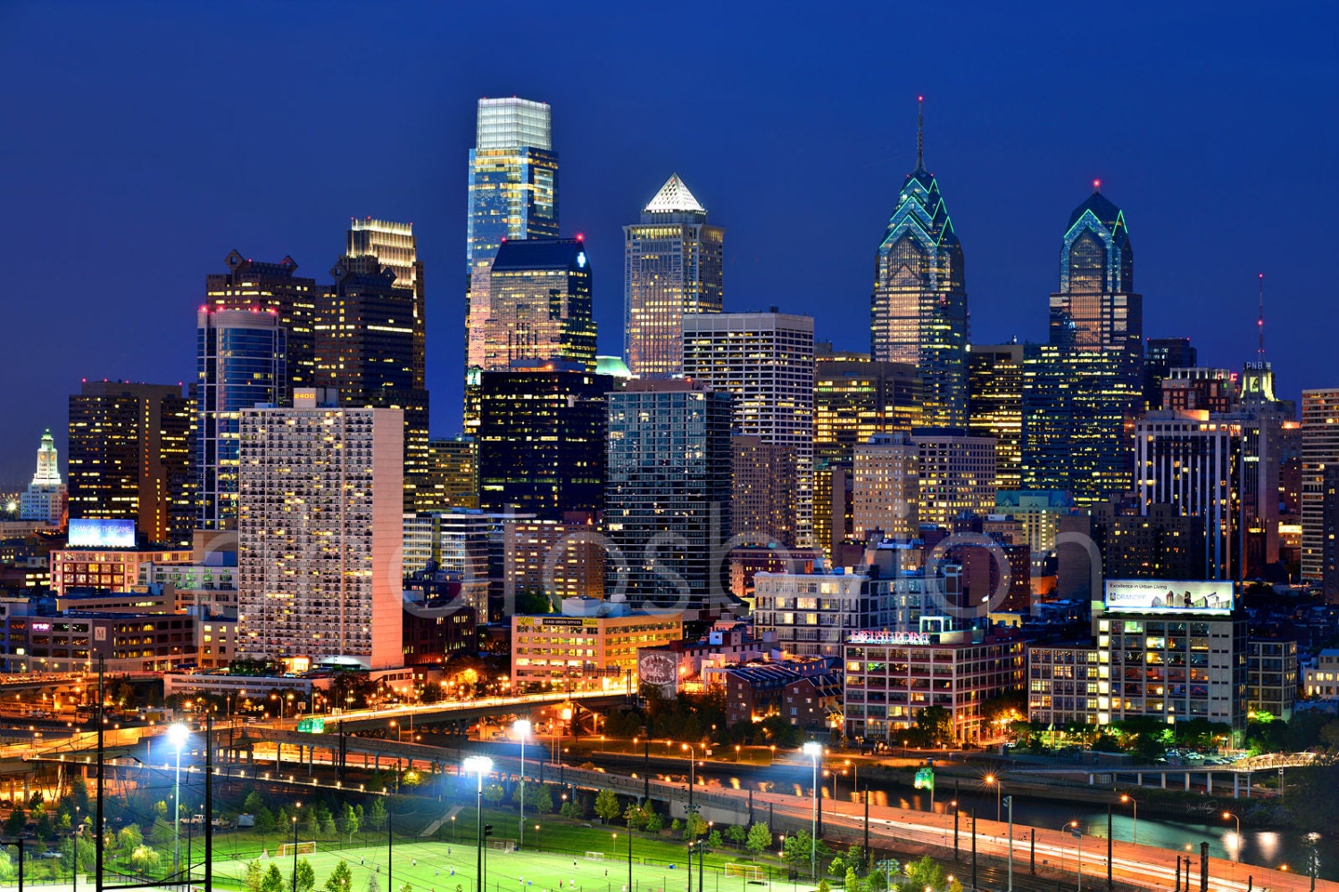 Philadelphia Skyline at NIGHT COLOR or BW Philly Panoramic