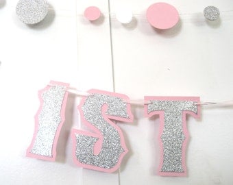 Pink and Silver 1st Birthday Banner, Silver First Birthday Banner, HAPPY 1ST BIRTHDAY Banner, Pink Birthday, First Birthday Party Banner