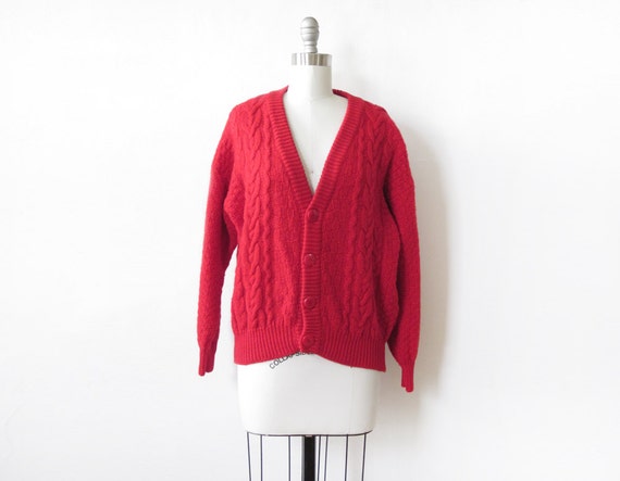 red cardigan, vintage benetton cable knit sweater, red wool sweater