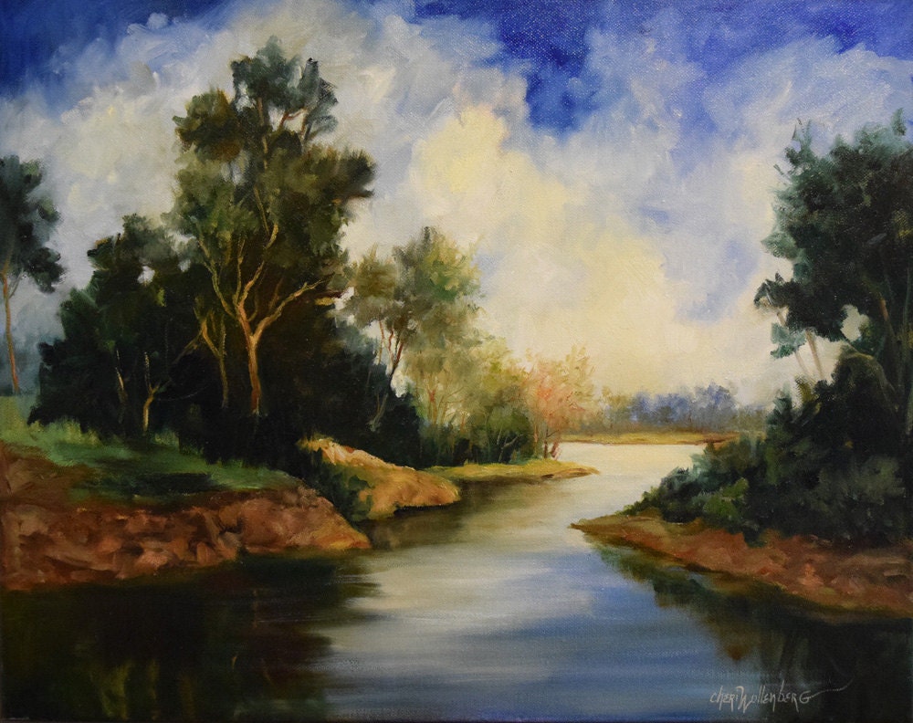 Landscape Painting Trees Water Sky Peaceful Day Original