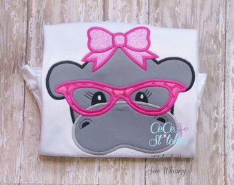 Nerdy Hippo Girl Embroidery Applique Design