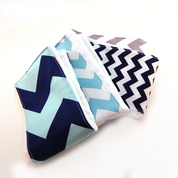 Chevron Burp Cloths Boy - Aqua Navy Blue Gray- Set of 4 / Baby Shower Gift / Newborn Boy Gift