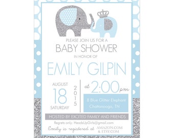 Personalized Blue and Silver Glitter Elephants Baby Shower Invitations and Envelopes One Dozen Printed NV032