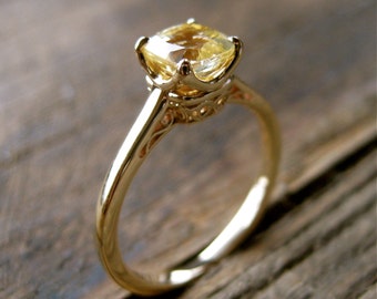 Cushion Cut Yellow Sapphire Engagement Ring in 14K Yellow Gold with Scrolls on Custom Made Basket Size 7