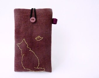 iPhone 5 case, iPhone 5 sleeve, iPhone 5 cover, Cat iPhone case, Embroidery phone case, Cat mobile wallet, Mobile case - Cat Lovers Gift