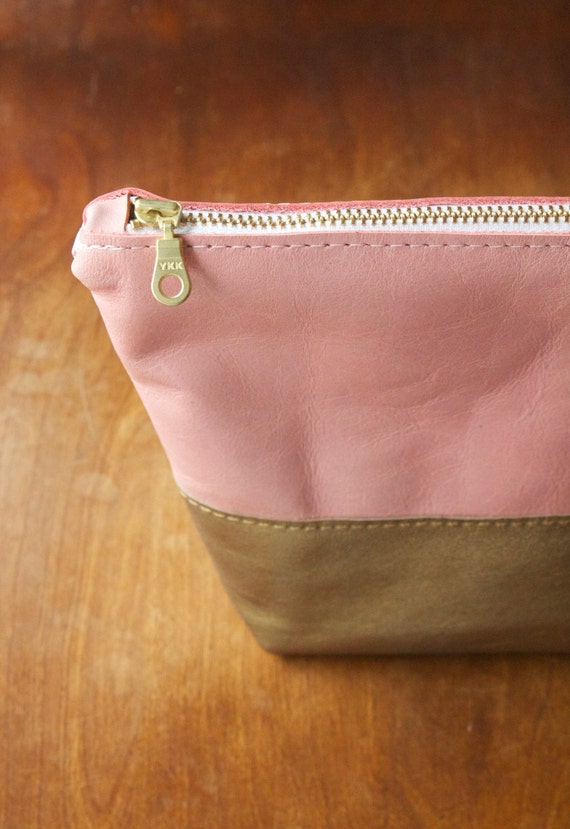Leather Makeup Bag in Pink  Gold by RobbieMoto on Etsy