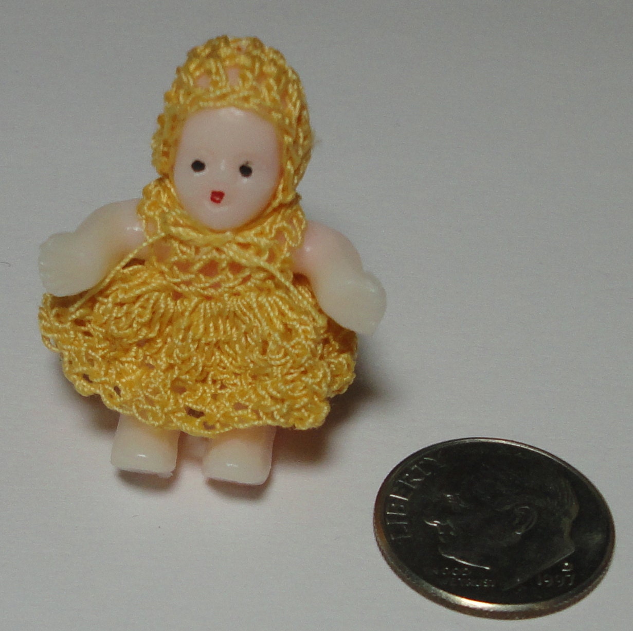 Vintage Miniature Doll with Crochet Dress and Hat. Doll