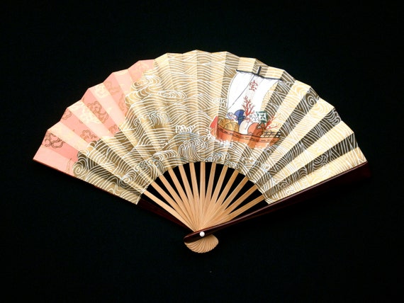 Japanese Fan - Vintage Hand Fan - Small Paper Fan - Small Size Bridal Fan (F1-9) Treasure Boat