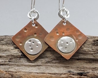 Dangle Copper Earrings, Nickel Free Earrings, 925 Jewelry, Cool Earrings, Mixed Metal Earrings, Artisan Earrings, Trendy Jewelry
