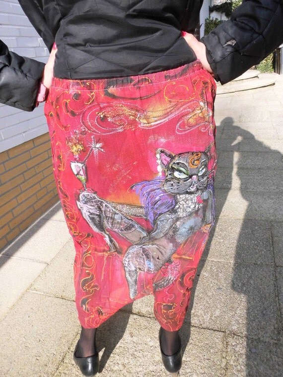 aminamarei hand painted red silk and cotton skirt motif funny cat size L.
