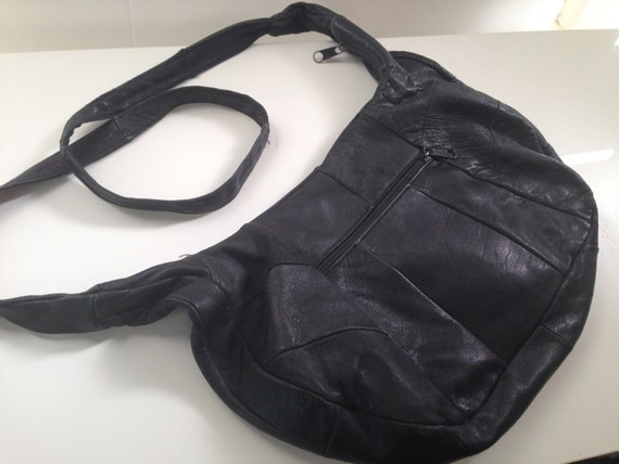 90s Black Leather Bag // Patchwork Bag // by PansyLaneVintage