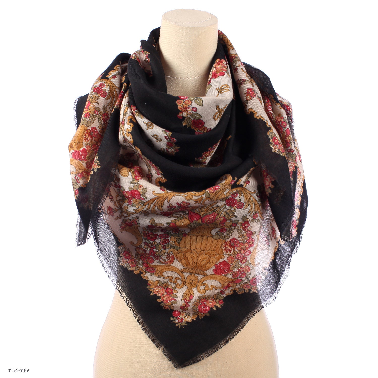 BOHEMIAN Wrap Scarf . Boho WOOL Shawl Floral Print Shawl Black Extra