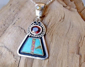 Turquoise Garnet Opal Citrine Sterling Silver Pendant RF636