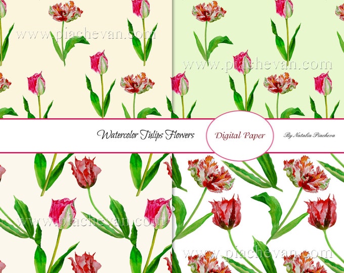 Digital paper with watercolor tulips, watercolor flowers, scrapbooking, bouquet, flowers, botanical, tulip, Mothers day, spring, wedding