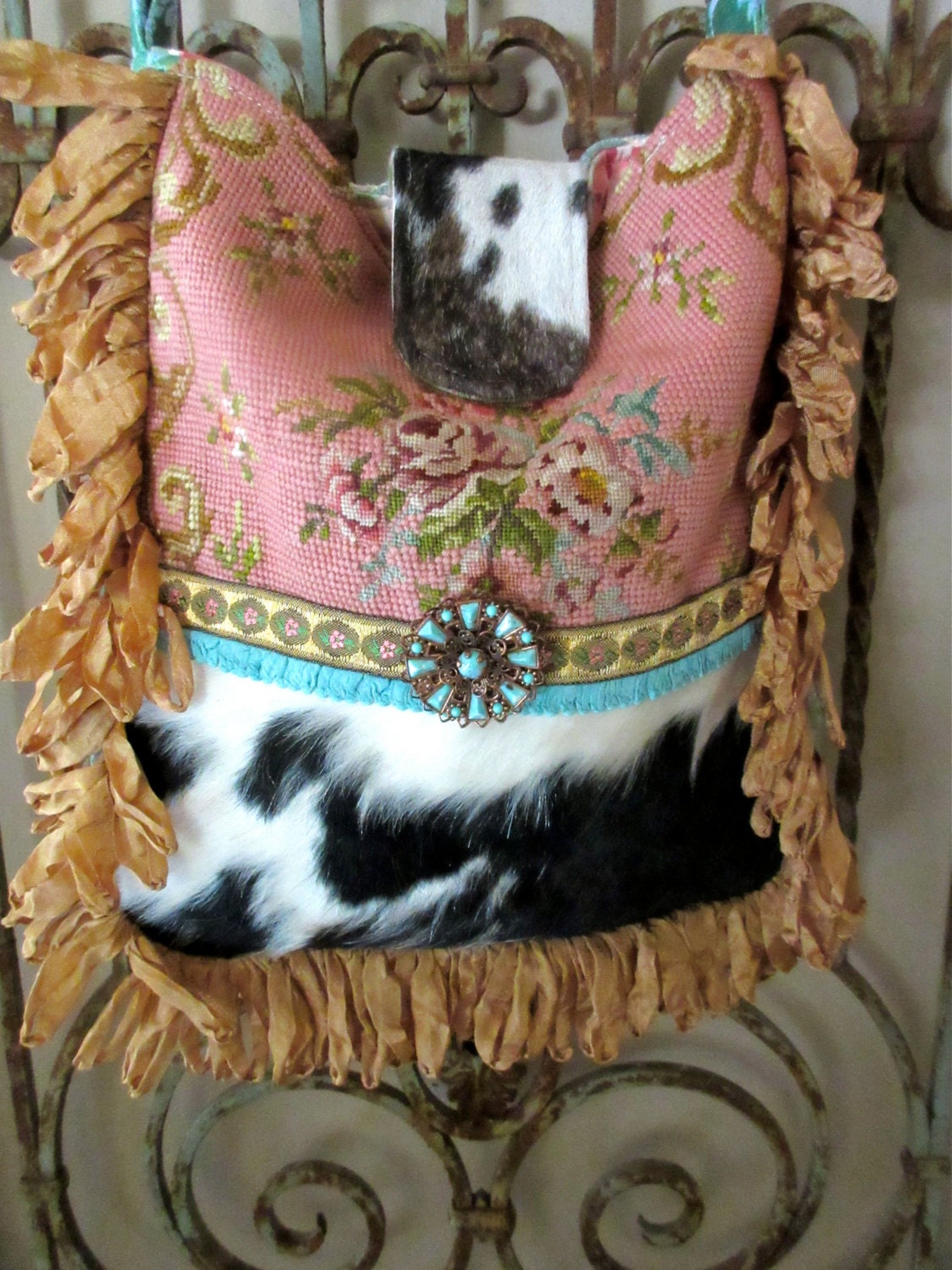 Vintage Needlepoint Roses Genuine Cowhide Loop Ribbon