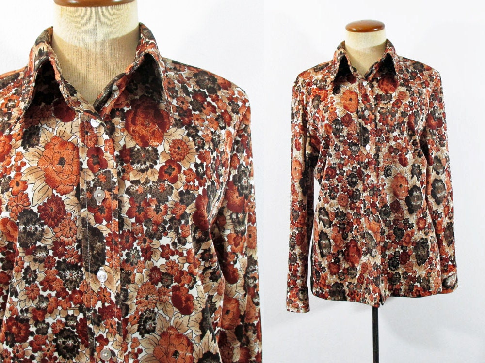 1970s Shirt Retro Button Front Butterfly Collar Brown Floral