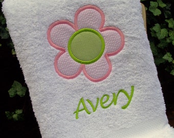 Monogrammed Kid's Bath Towel with Flower Applique - perfect for the beach, bath or pool