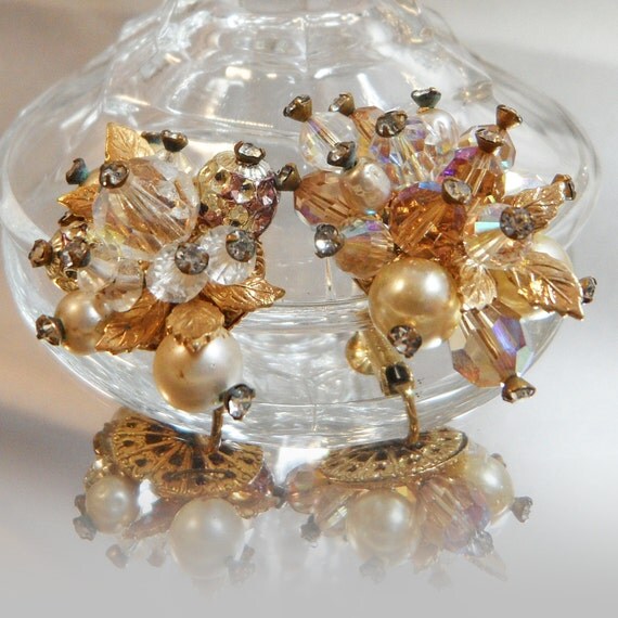 Vintage Vendome Crystal Earrings Gold Leaves Faux By Waalaa