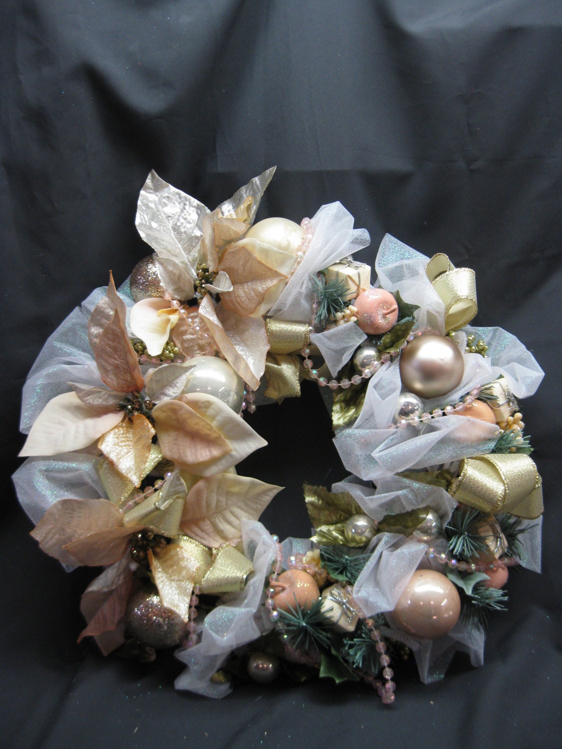 SALE!!! See Below Sparkle Wreath with very delicate peach poinsettias, soft gold, peach and silver vintage ornaments.