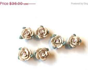 Handcrafted 6 Flowers Polymer Clay Beads for Jewelry Making Earrings Brooches Necklaces Nature Tan Brown Green Pink