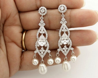 Bridal Chandelier Earrings Wedding Jewelry Crystal Pearl Bridal Earrings Cubic Zirconia Earrings Bridal Jewelry, Laura