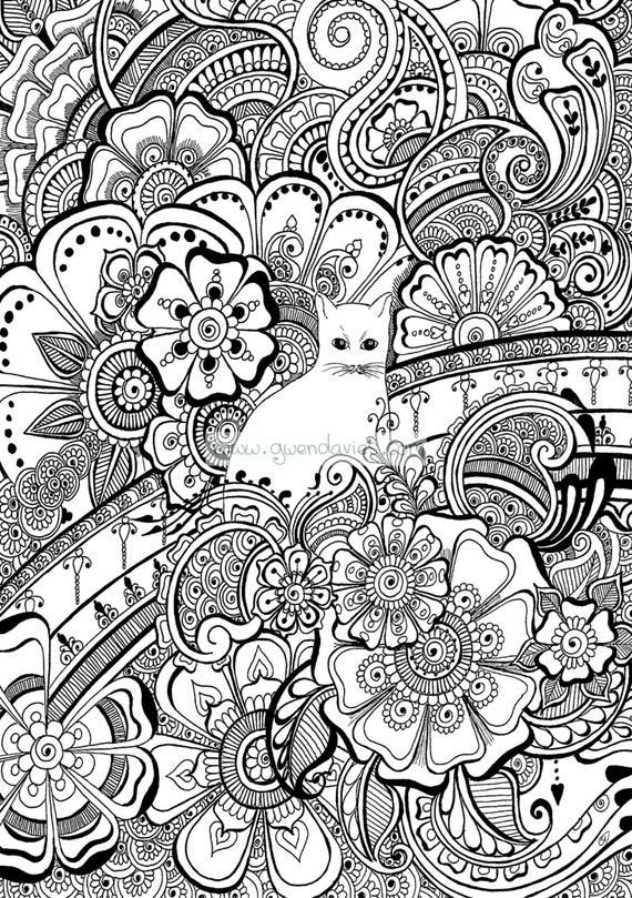 Items similar to Colour the cat with henna flowers - colouring in sheet