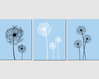 Dandelion Wall Art Bathroom Wall Art Blue White Gray Home Decor Bedroom Wall Art Living Room Kitchen Art, Any Color, Set of 3 Art Prints