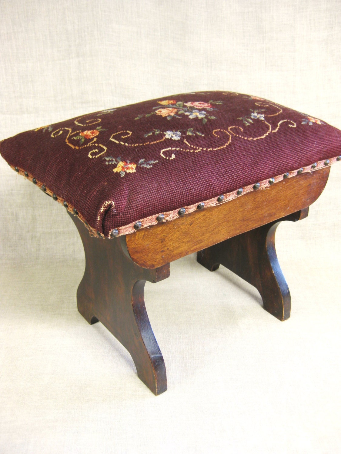 Footstool , Needlepoint Top , Handmade , Victorian Style , Antique