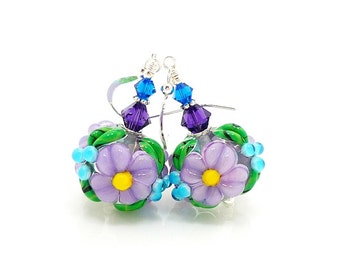 Purple & Blue Floral Earrings, Lampwork Earrings, Glass Earrings, Bead Earrings, Glass Bead Earrings, Beadwork Earrings, Flower Jewelry